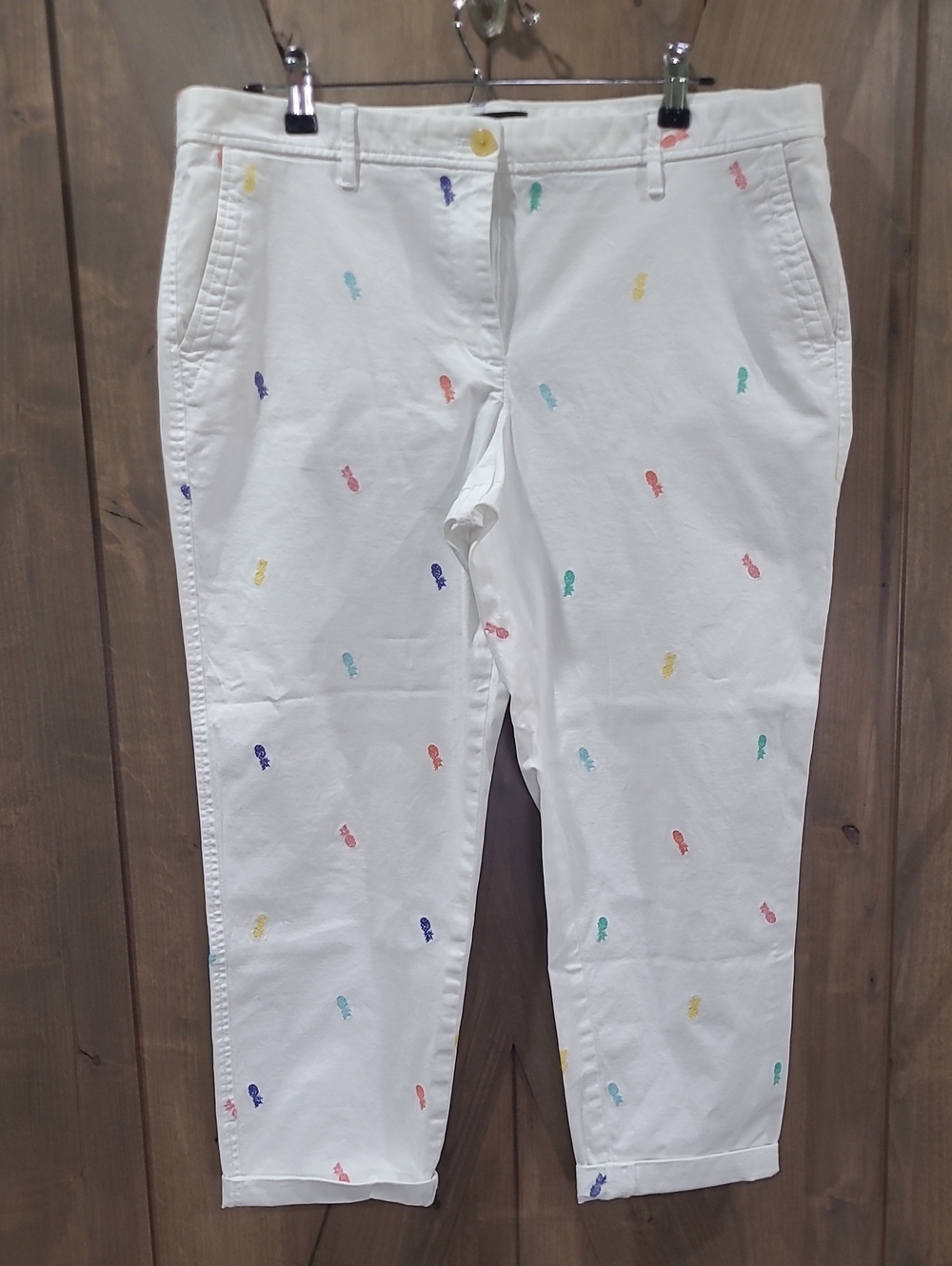 Talbots White Cropped Pants with Multicolor Pineapple Embroidery 14 Petite